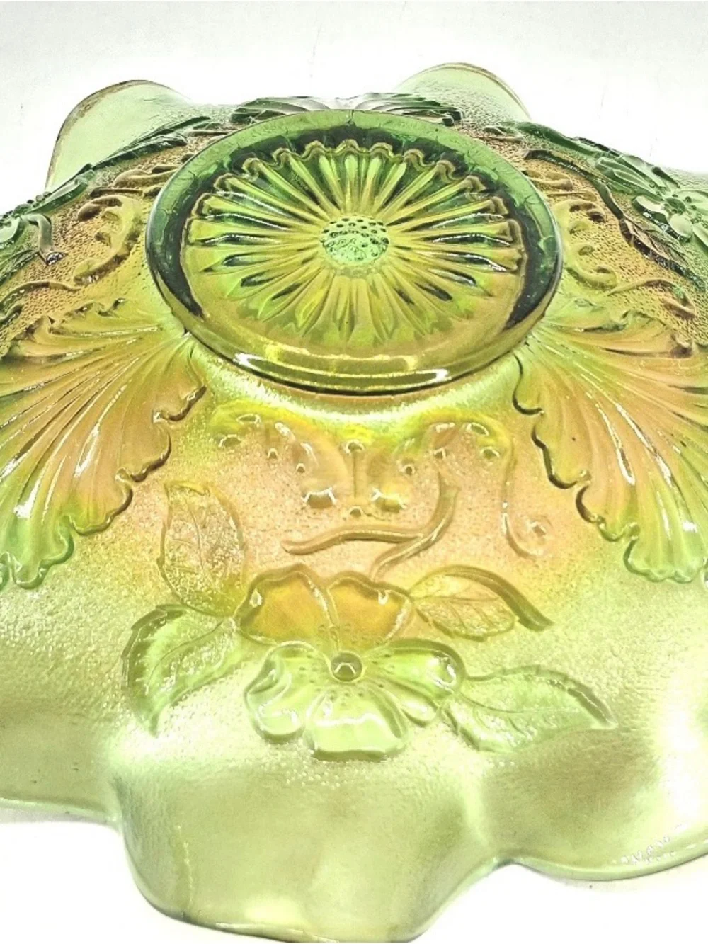 Antique Northwood Green Carnival Glass Blossom and Palm Ruffled Iridescent Bowl