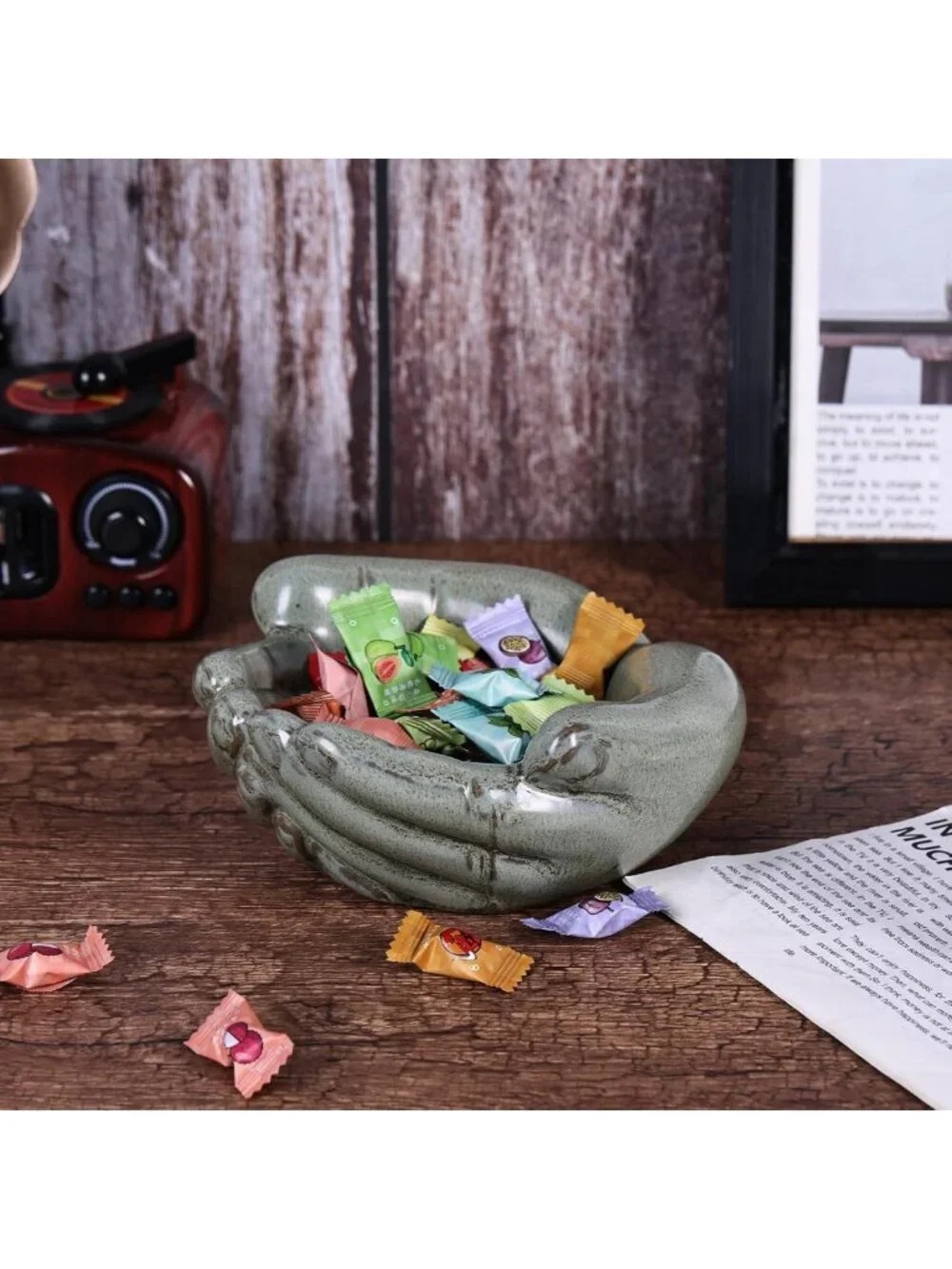 Vintage Green Ceramic Hands Bowl Dish - Candy Holder, Succulent Planter & Key