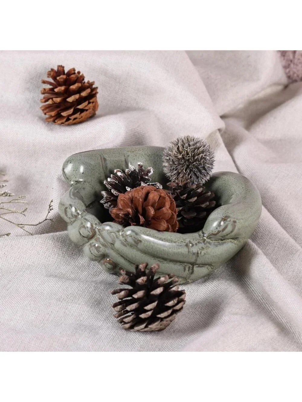 Vintage Green Ceramic Hands Bowl Dish - Candy Holder, Succulent Planter & Key