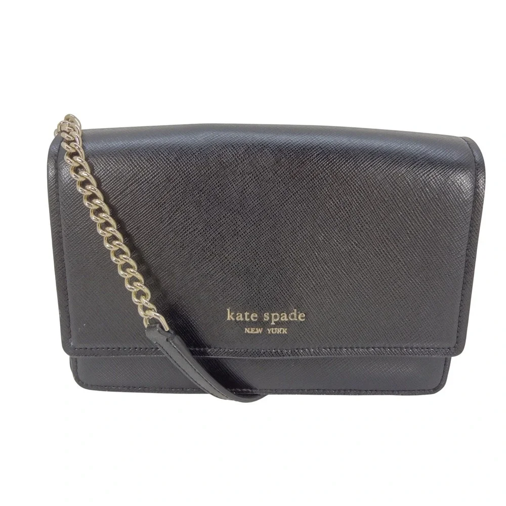 Kate Spade New York Black‎ Saffiano Leather Crossbody Wallet on Chain Bag Gold