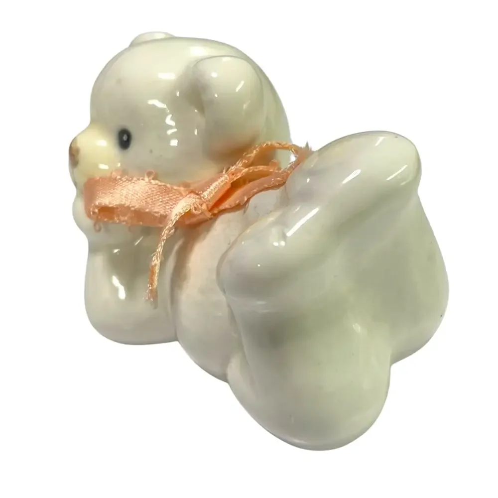 Vintage White Ceramic Teddy Bear Figurine Pink Ribbon 3