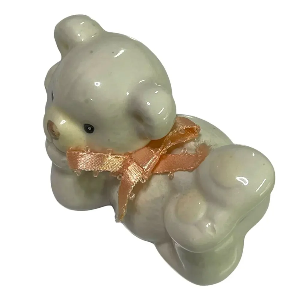 Vintage White Ceramic Teddy Bear Figurine Pink Ribbon 3