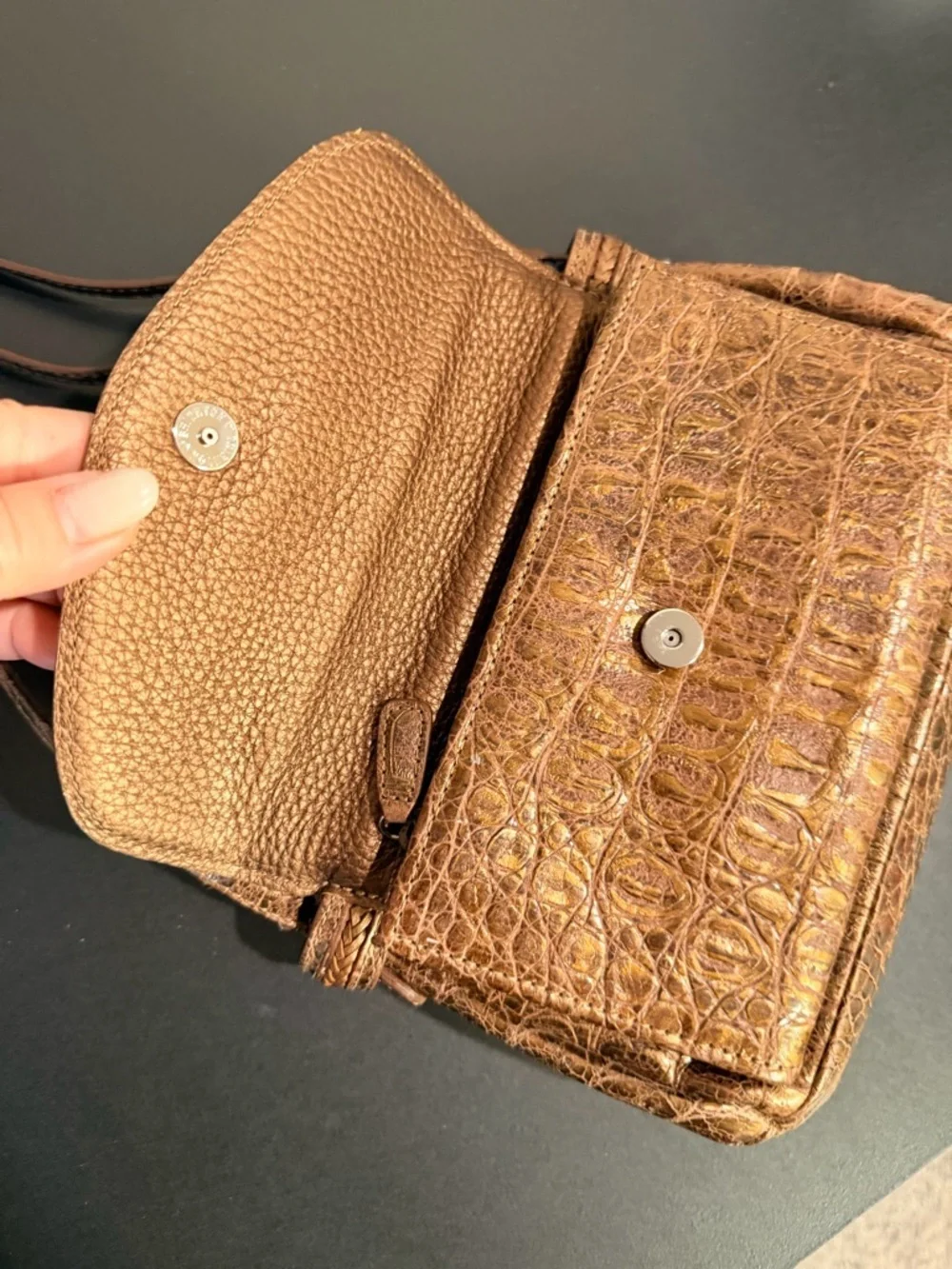 BRIGHTON Heraldic Heart Organizer Crossbody Bag with attached wallet, bronze