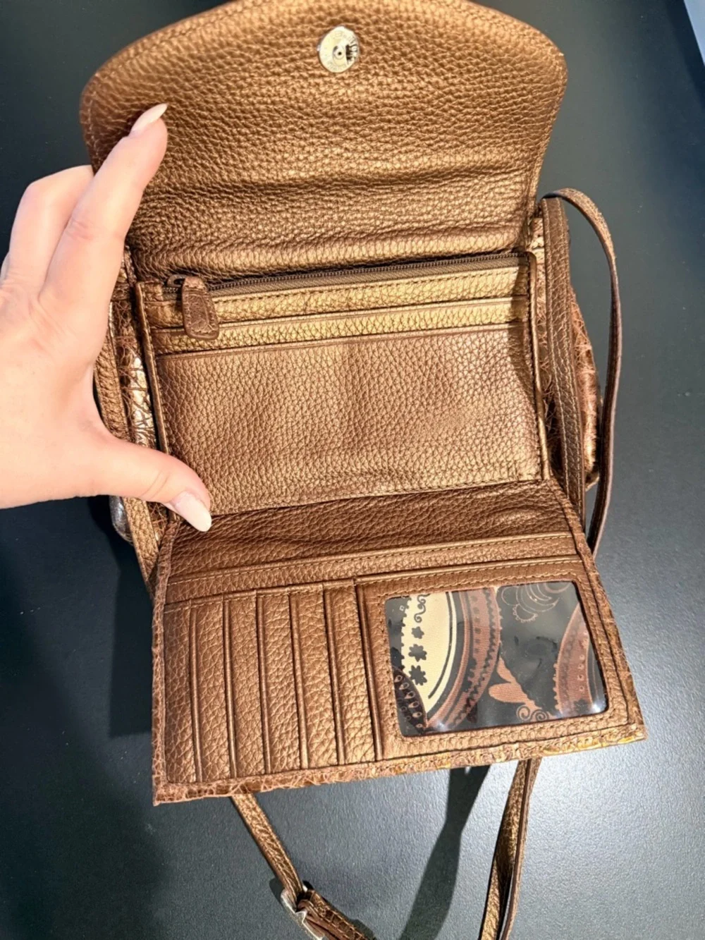 BRIGHTON Heraldic Heart Organizer Crossbody Bag with attached wallet, bronze