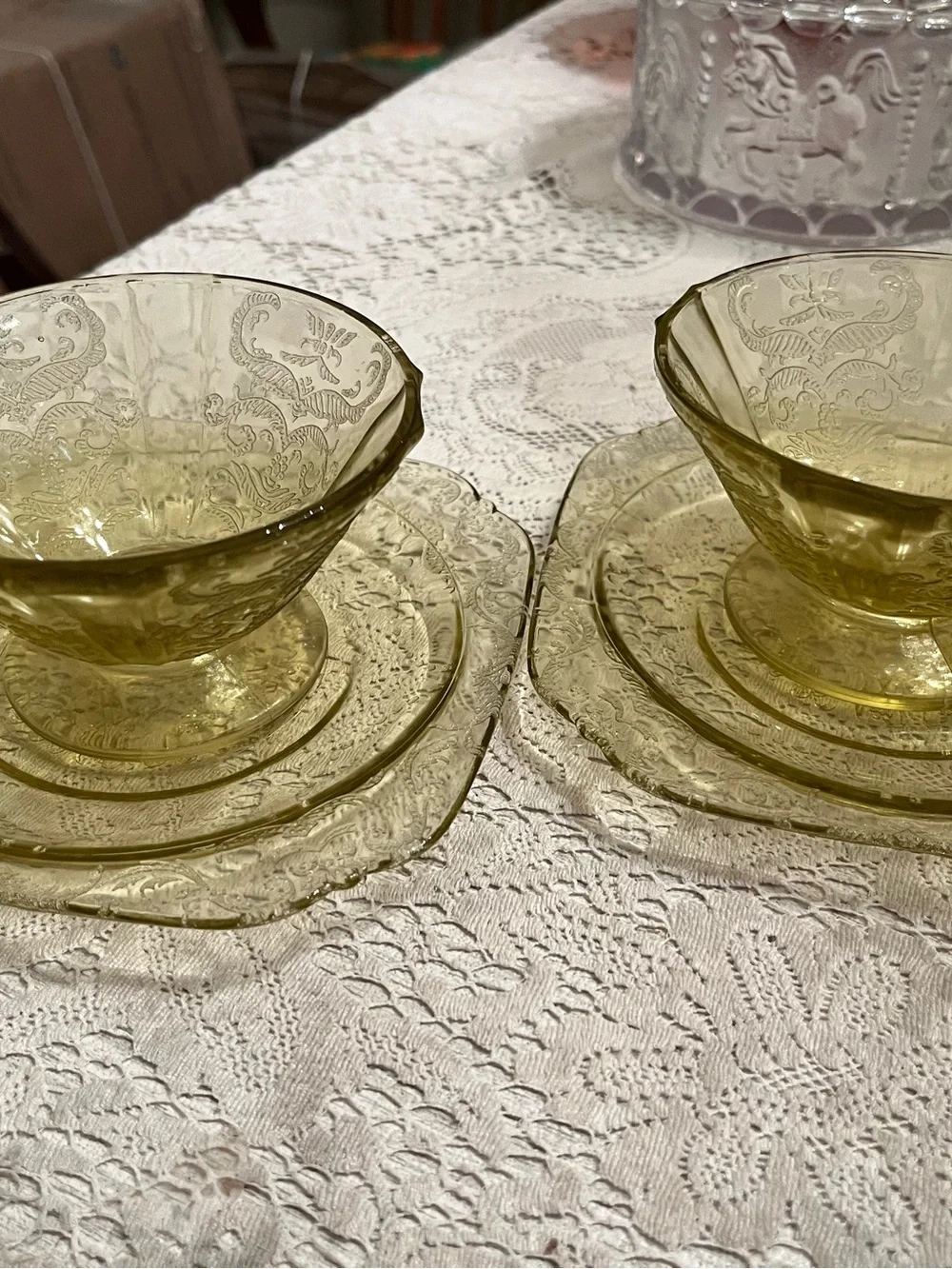 Pair Vintage Amber Madrid Depression Glass Fairy Lamps Sherbets & Plates