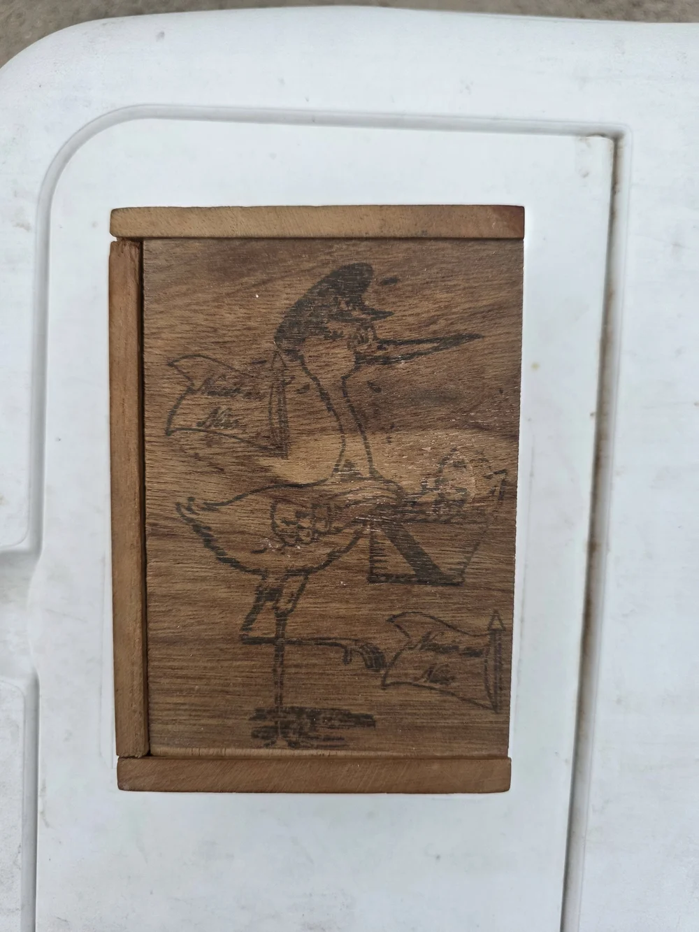 Vintage Handcrafted Wooden Box with Shorebird Etching & Dominos- Natural Brown
