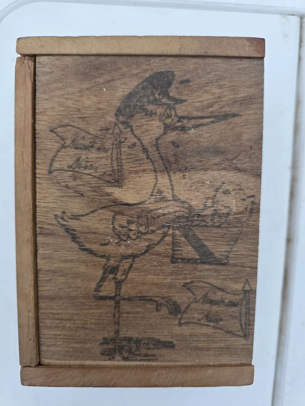 Vintage Handcrafted Wooden Box with Shorebird Etching & Dominos- Natural Brown