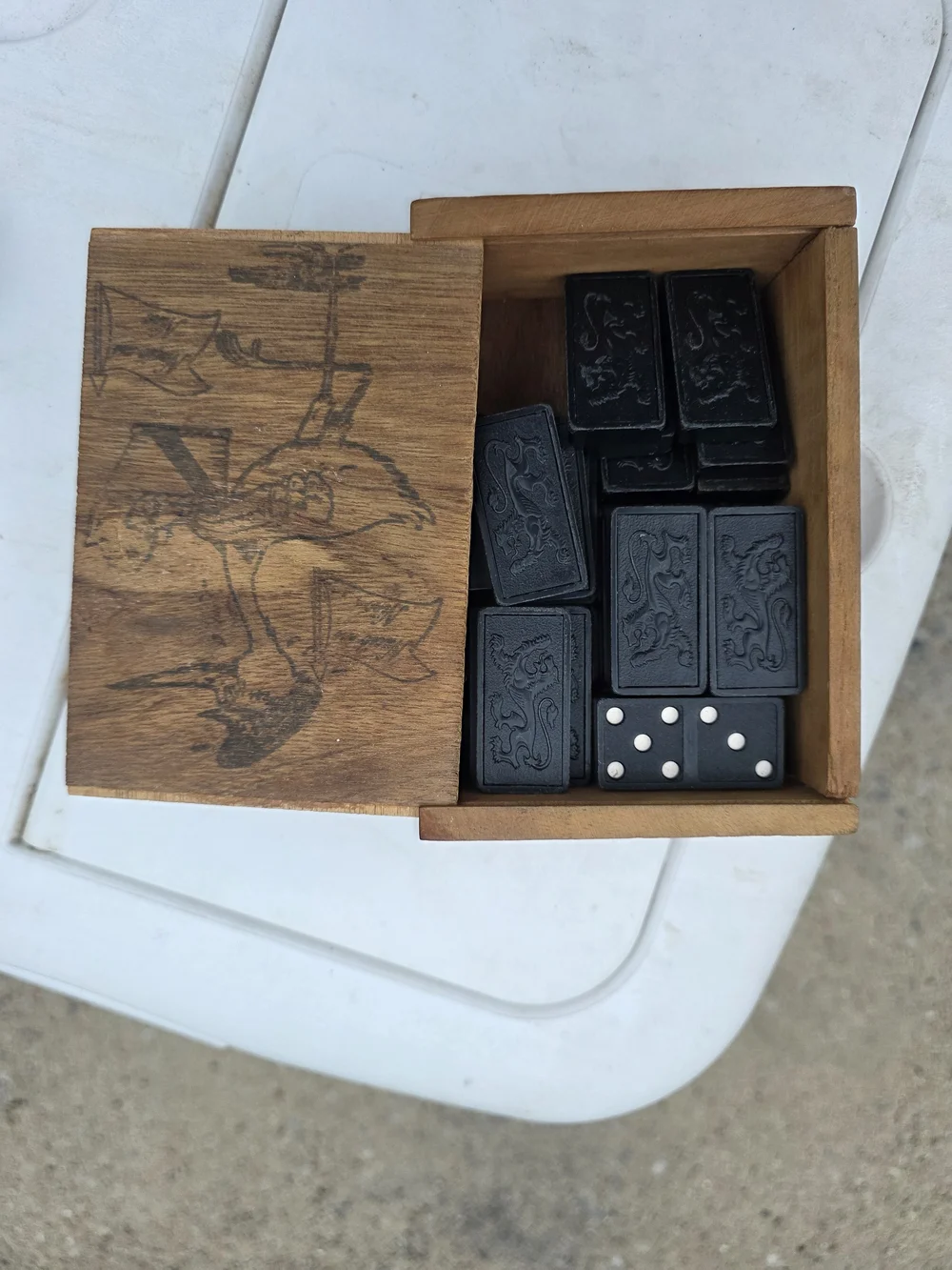 Vintage Handcrafted Wooden Box with Shorebird Etching & Dominos- Natural Brown