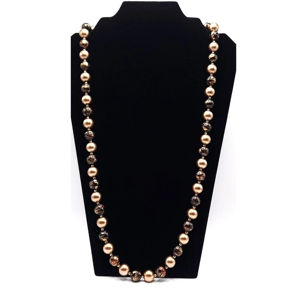 Gold Tone Black Marbled‎ Lucite Beaded Necklace Vintage 30 Inch Statement Gift