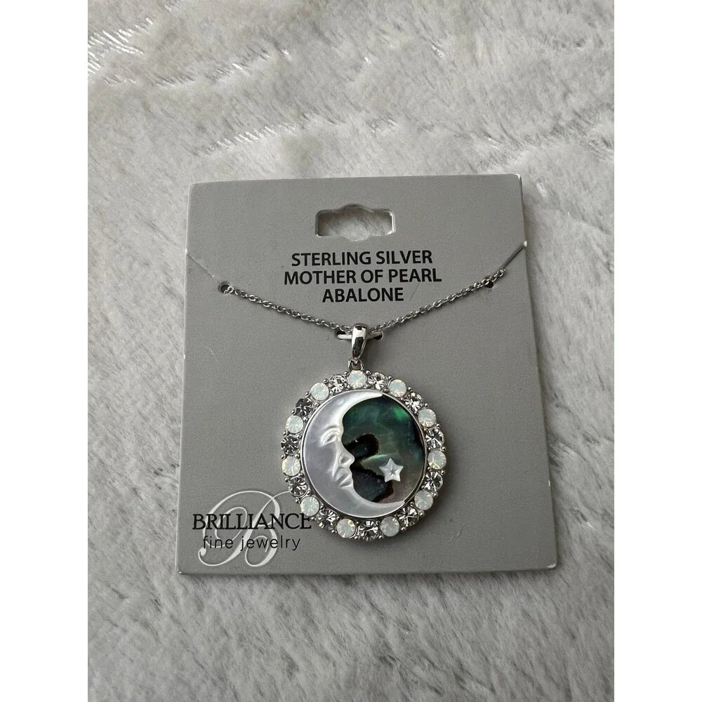 Necklace Sterling silver 925 mother of pearl and abalone moon star crystal new