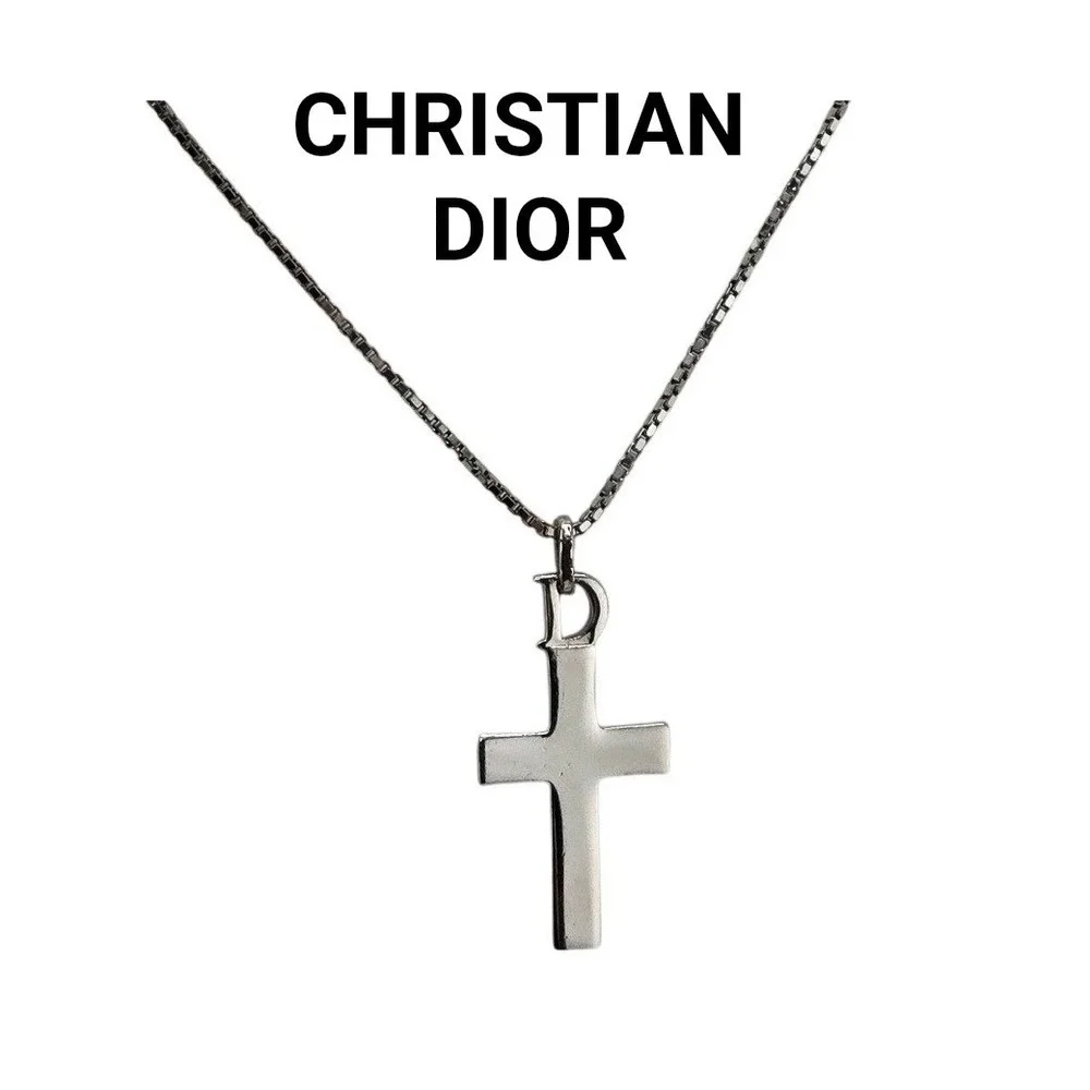 Christian Dior Cross Pendant Necklace Silver Tone D Logo Box Chain CD Charm