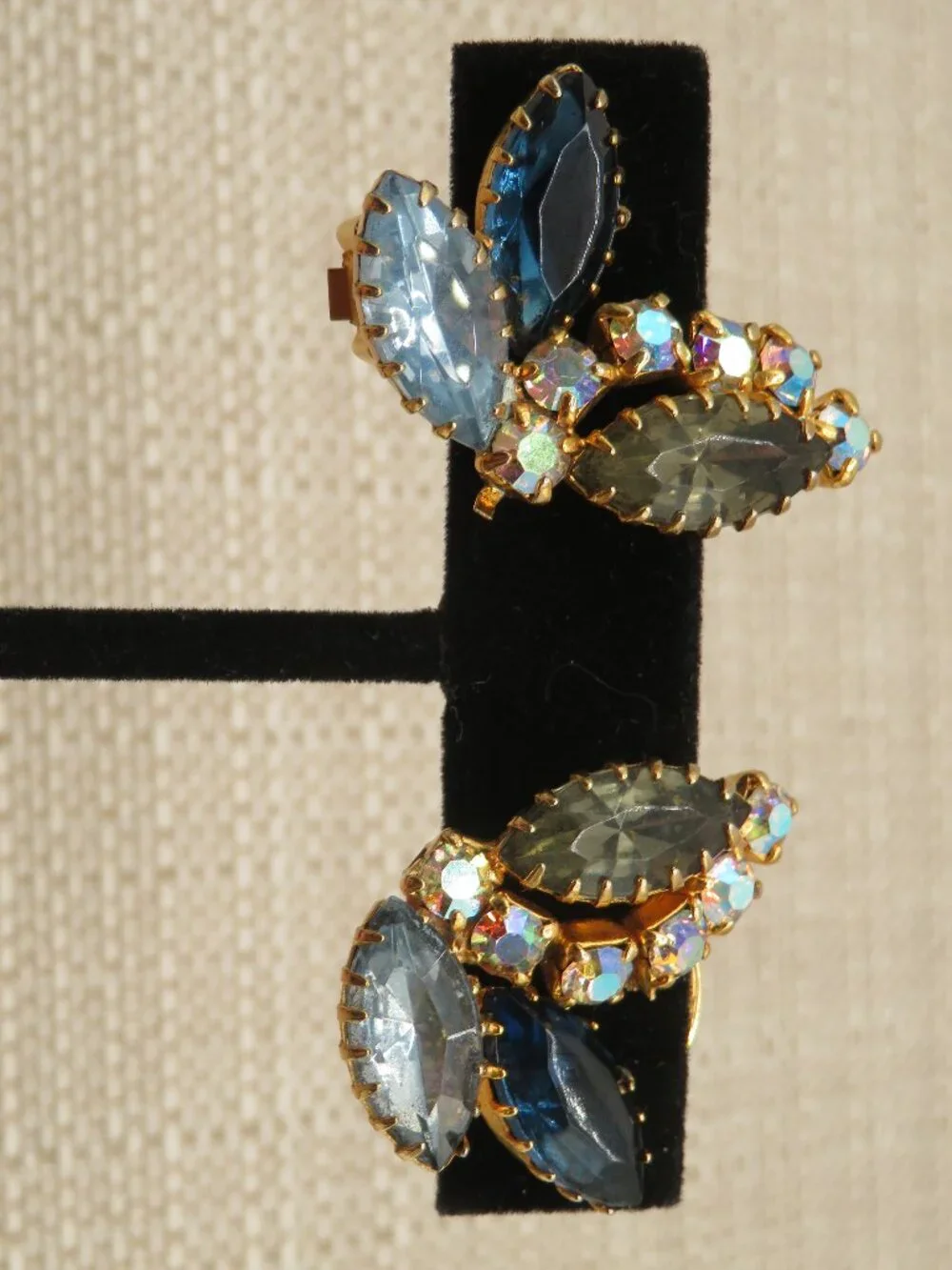 Vintage Blue Gray Rhinestone AB Accent Clip On Earrings
