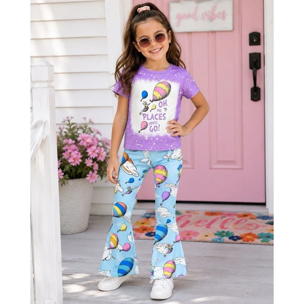 Dr Seuss Oh The Paces You'll Go! 2 piece Outfit Set Flare Bell Bottoms Tee  5-6