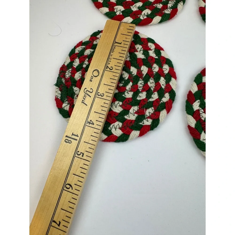 Vintage Set of 8 Christmas Braided Yarn Coasters Red Green White Holiday