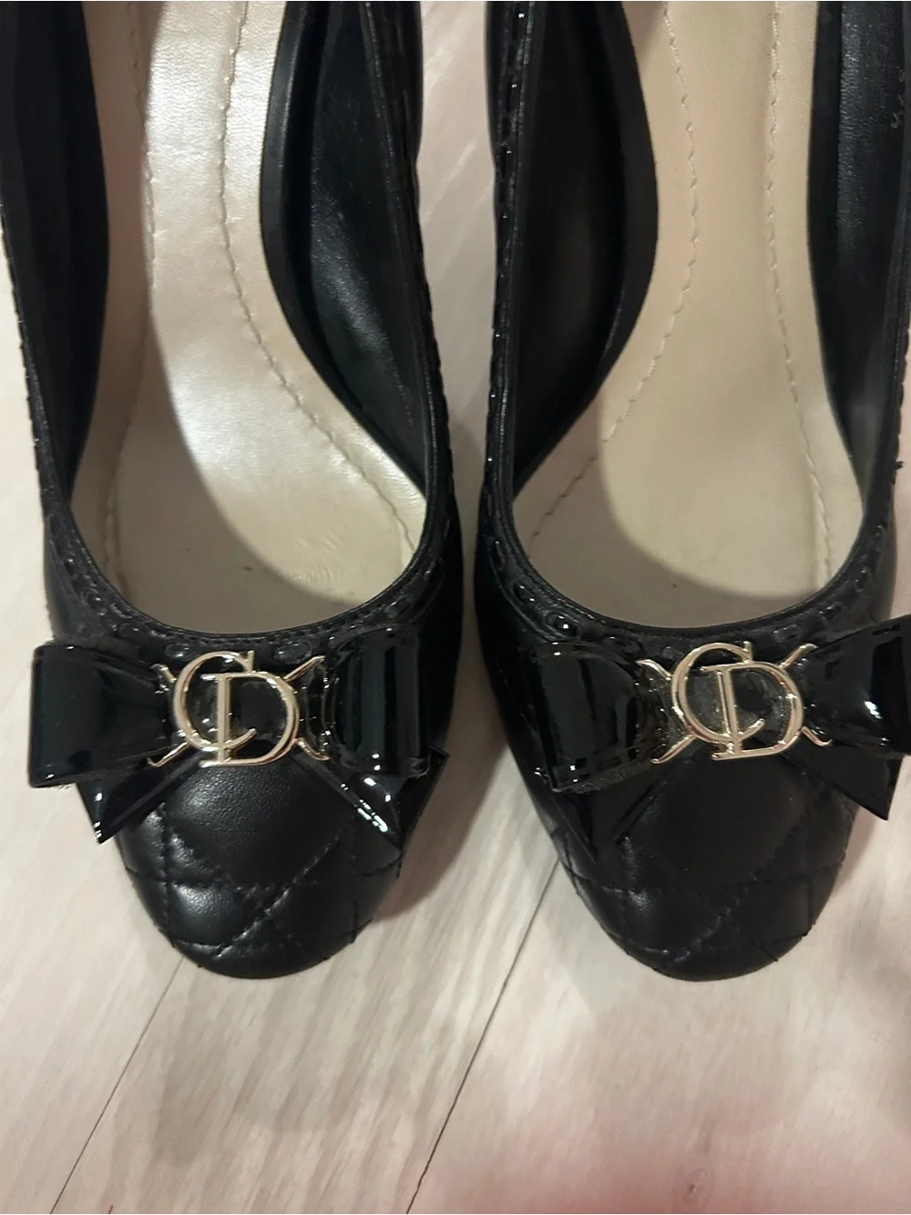 Dior Black Quilted Cannage leather heels.  Gold CD Bow