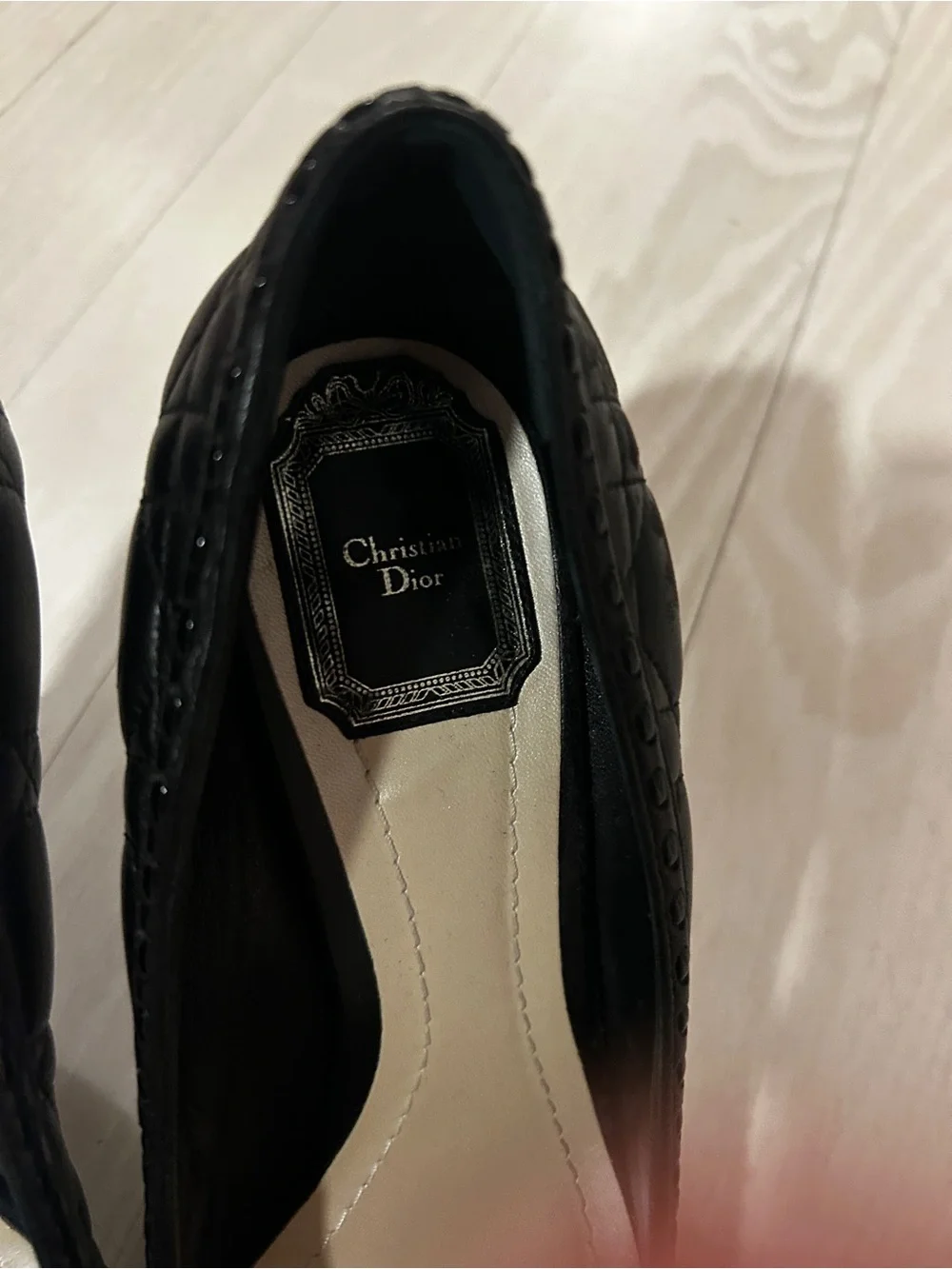 Dior Black Quilted Cannage leather heels.  Gold CD Bow