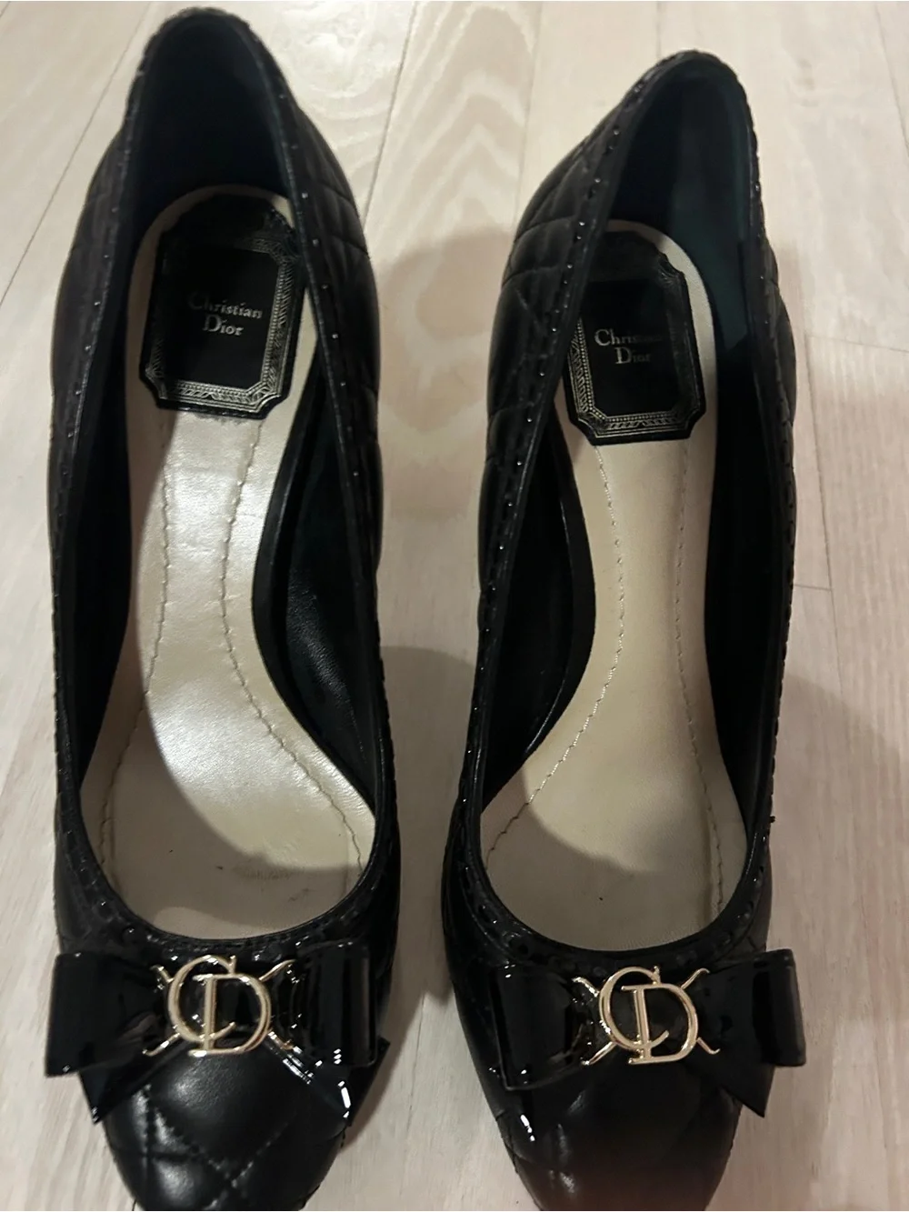 Dior Black Quilted Cannage leather heels.  Gold CD Bow