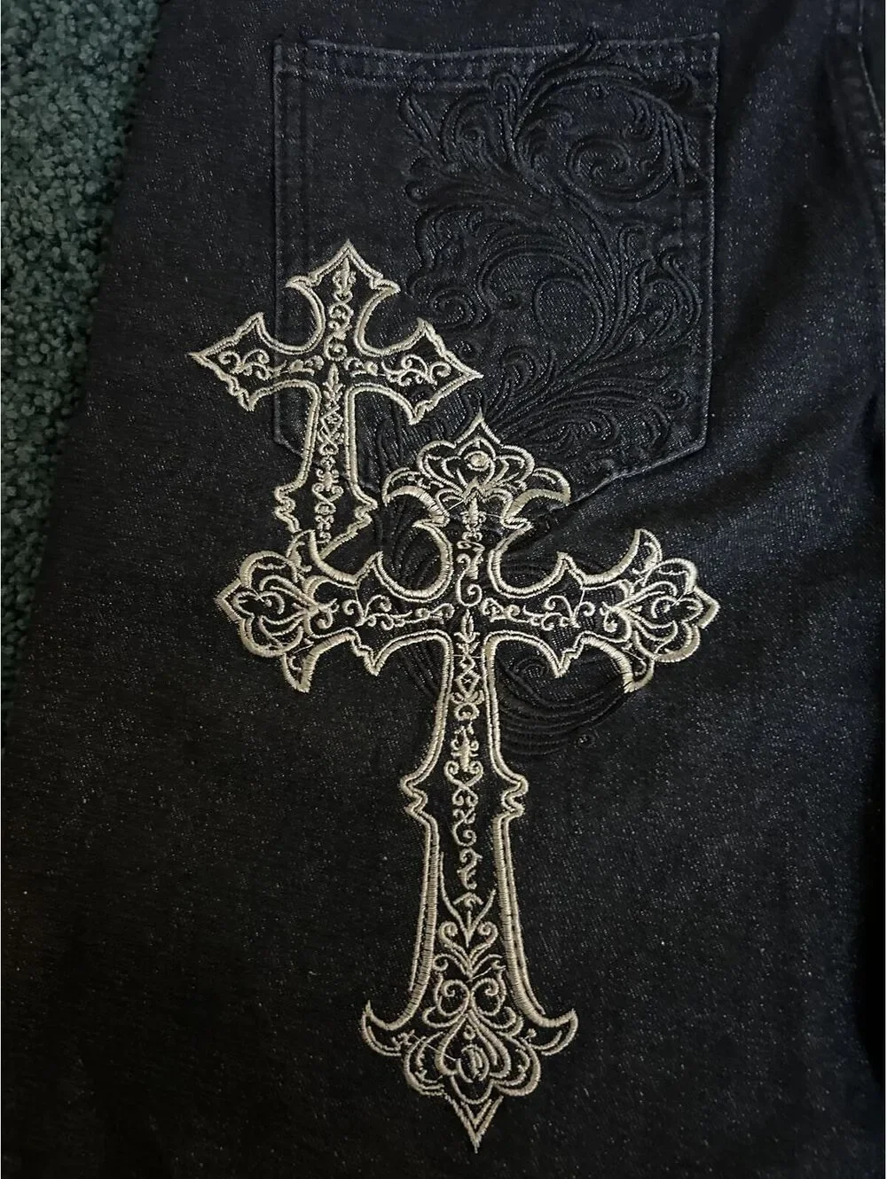 Black Denim Shorts with Embroidered Cross Design