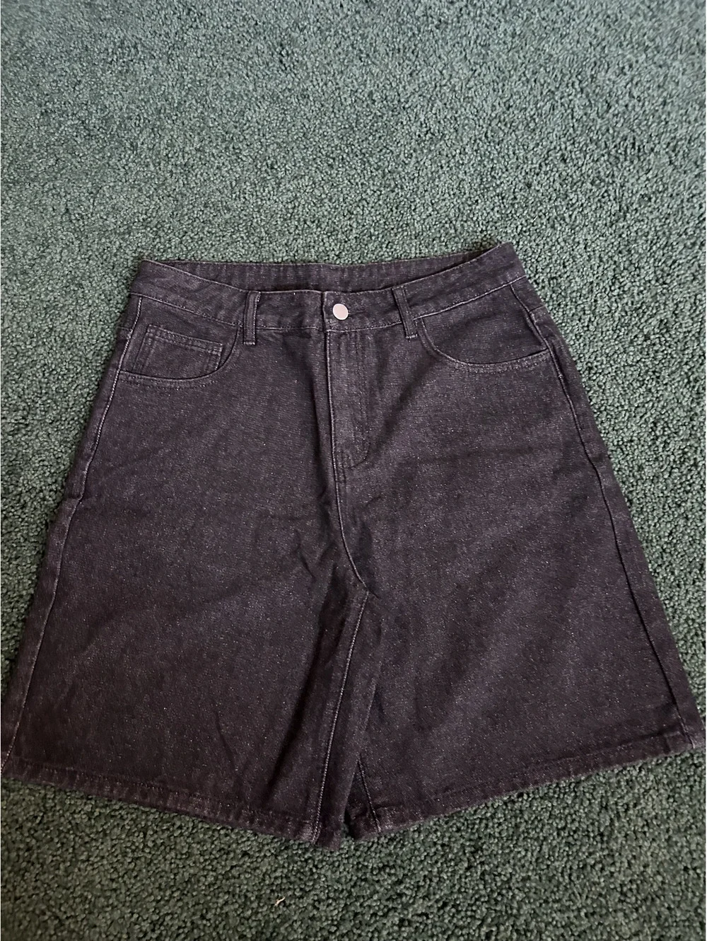 Black Denim Shorts with Embroidered Cross Design