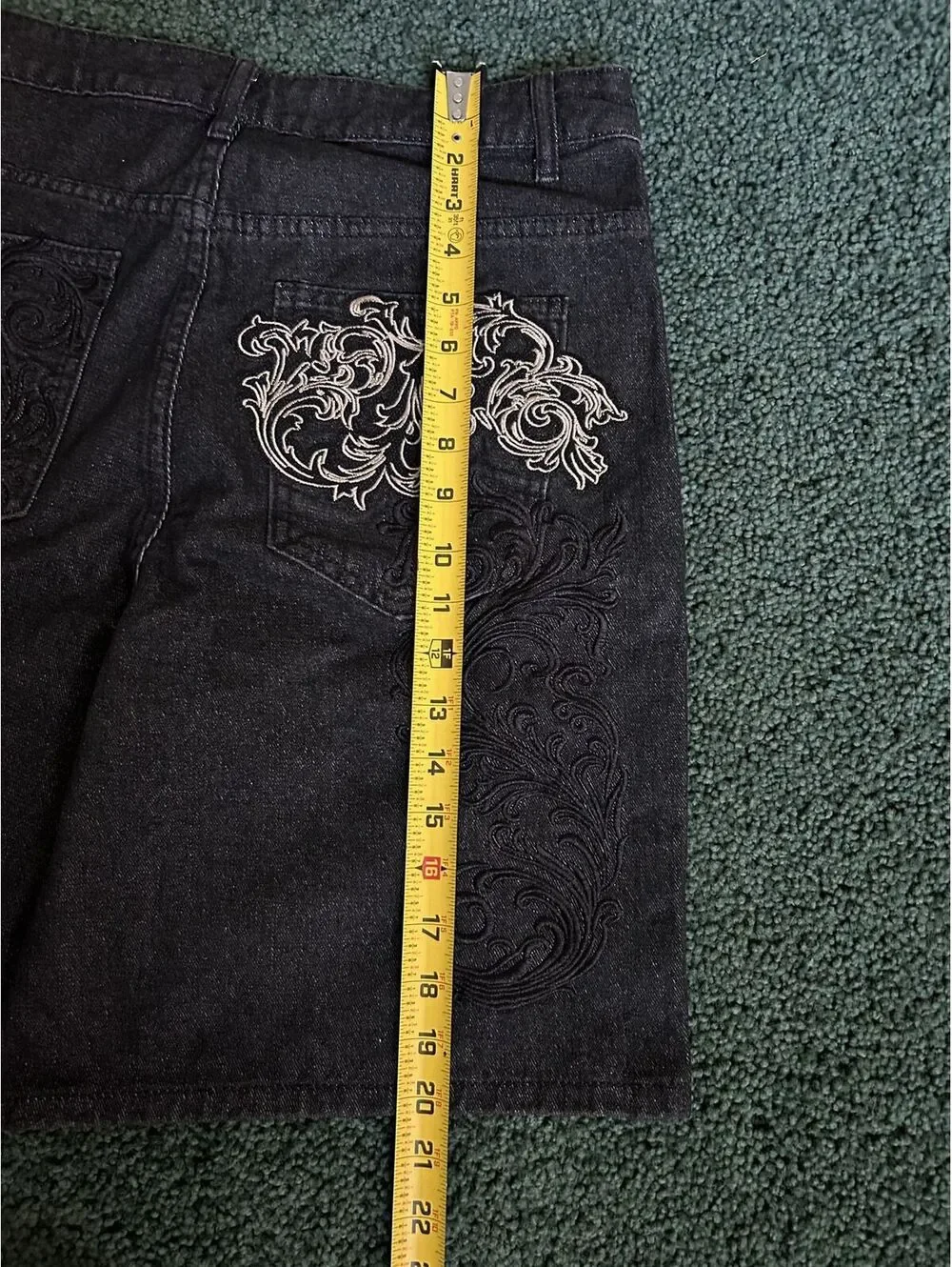 Black Denim Shorts with Embroidered Cross Design