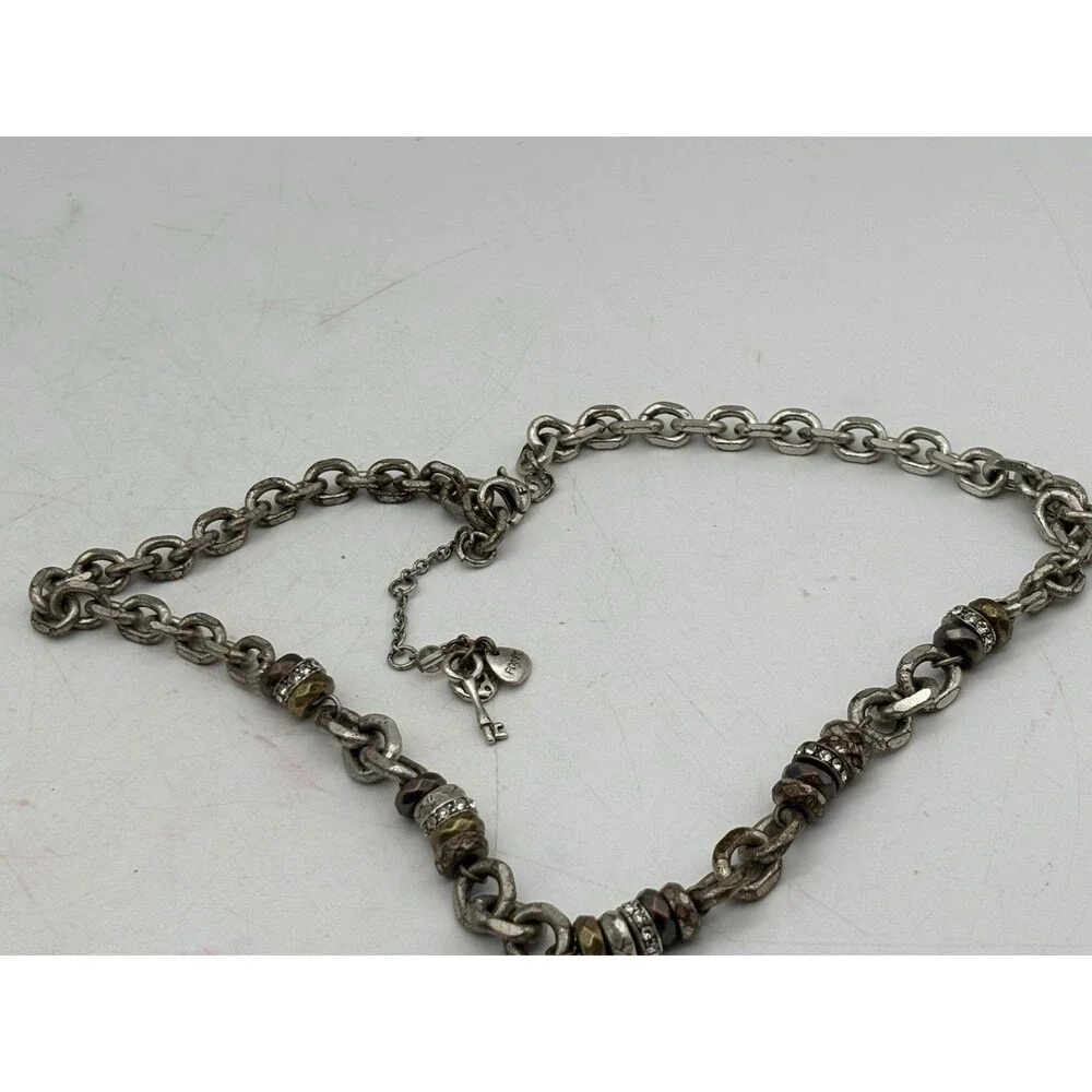 Fossil Silver Tone Chain Necklace Key Heart Charm Mixed Metal Rhinestone 18”