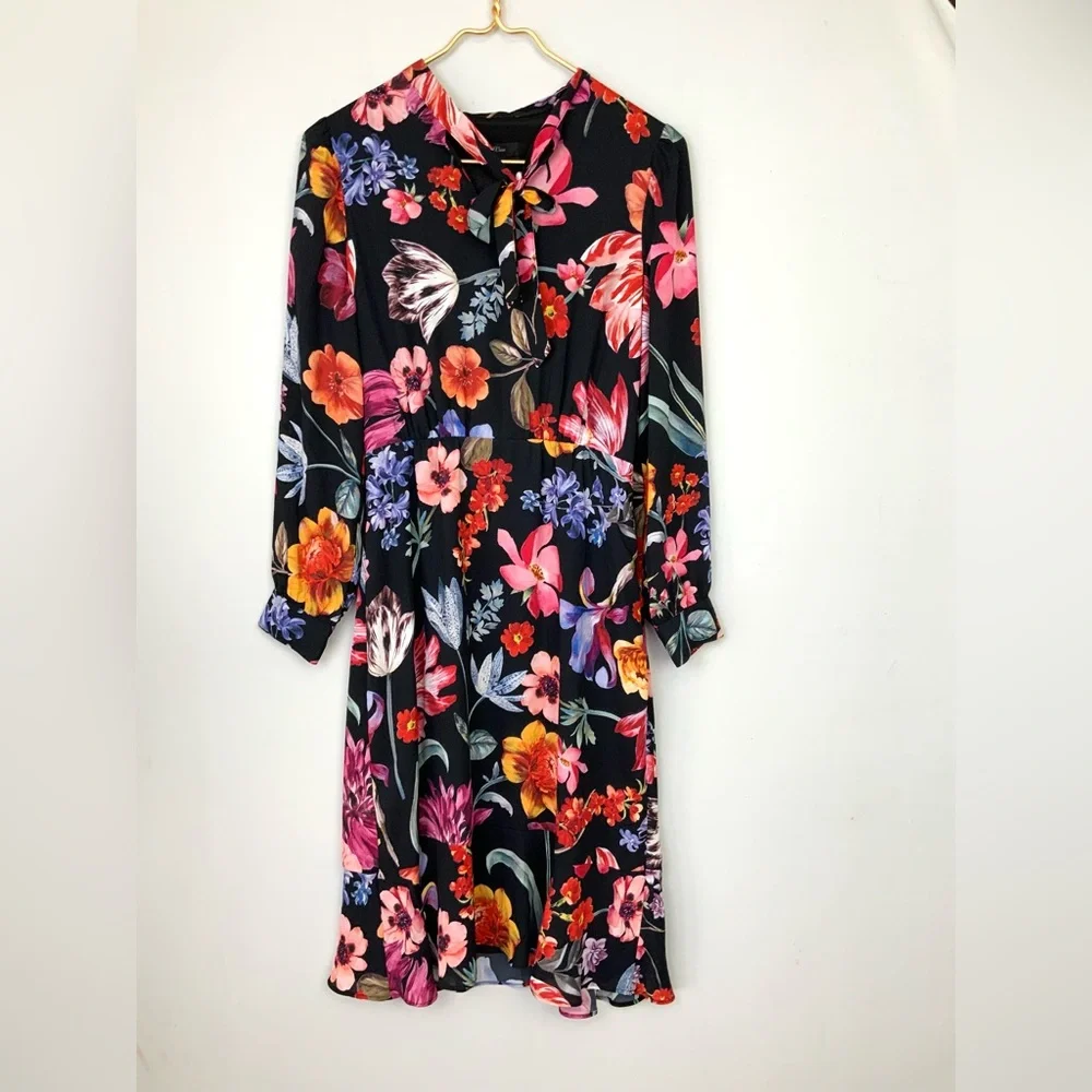 J. Crew Sz‎ 0 Midnight Dutch Floral Tie-Neck Long Sleeve Midi Dress Feminine