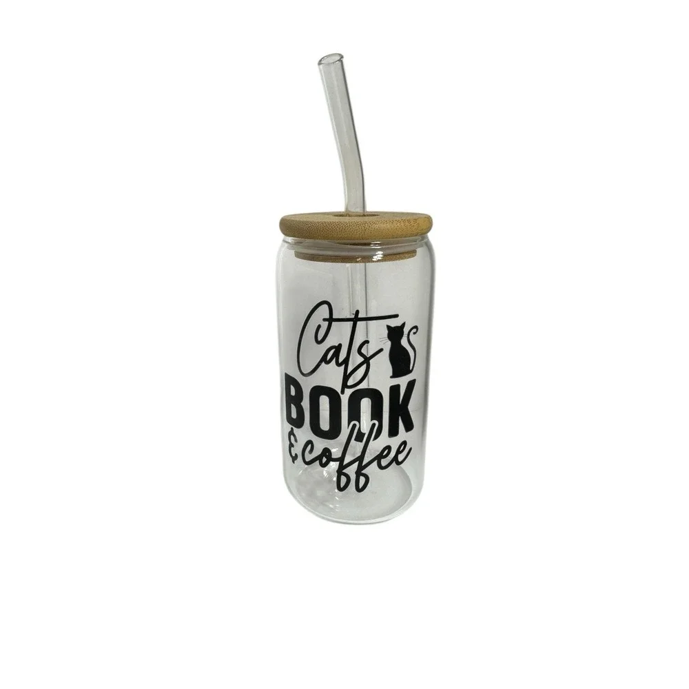 NEW custom GLASS TUMBLER‎ bamboo lid GLASS STRAW handmade cats books coffee