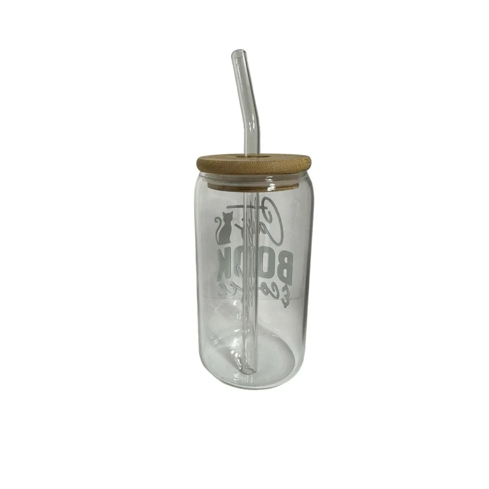 NEW custom GLASS TUMBLER‎ bamboo lid GLASS STRAW handmade cats books coffee