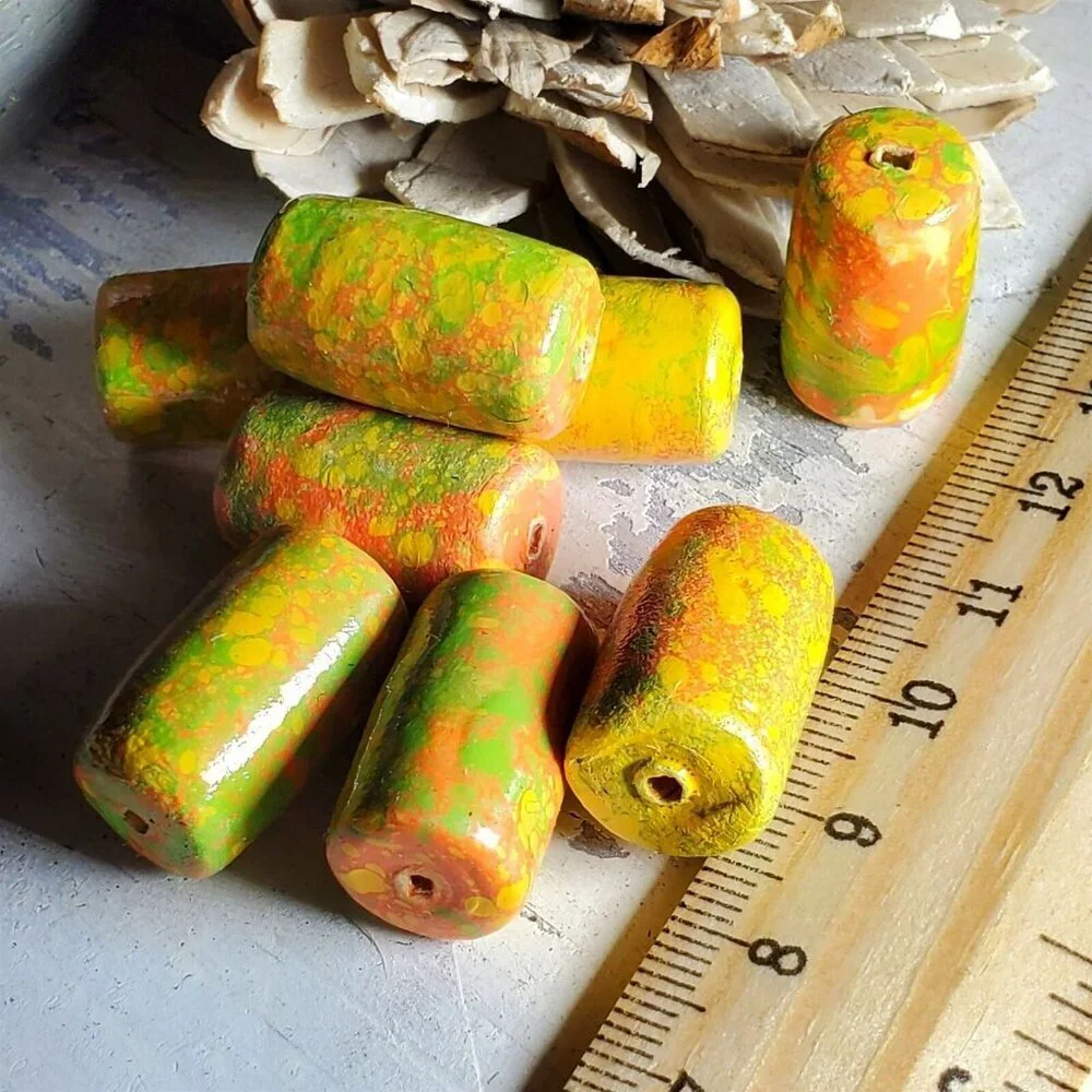 Vintage Japanese Mottled Decoupage Beads Coral Pink Cream Green 22mm Tube 4pcs