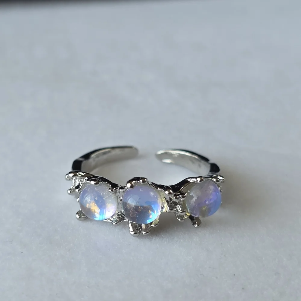 Triple Opalite Orb Moonlight Celestial Open Back Ring Faux Moonstone Opal Size 5