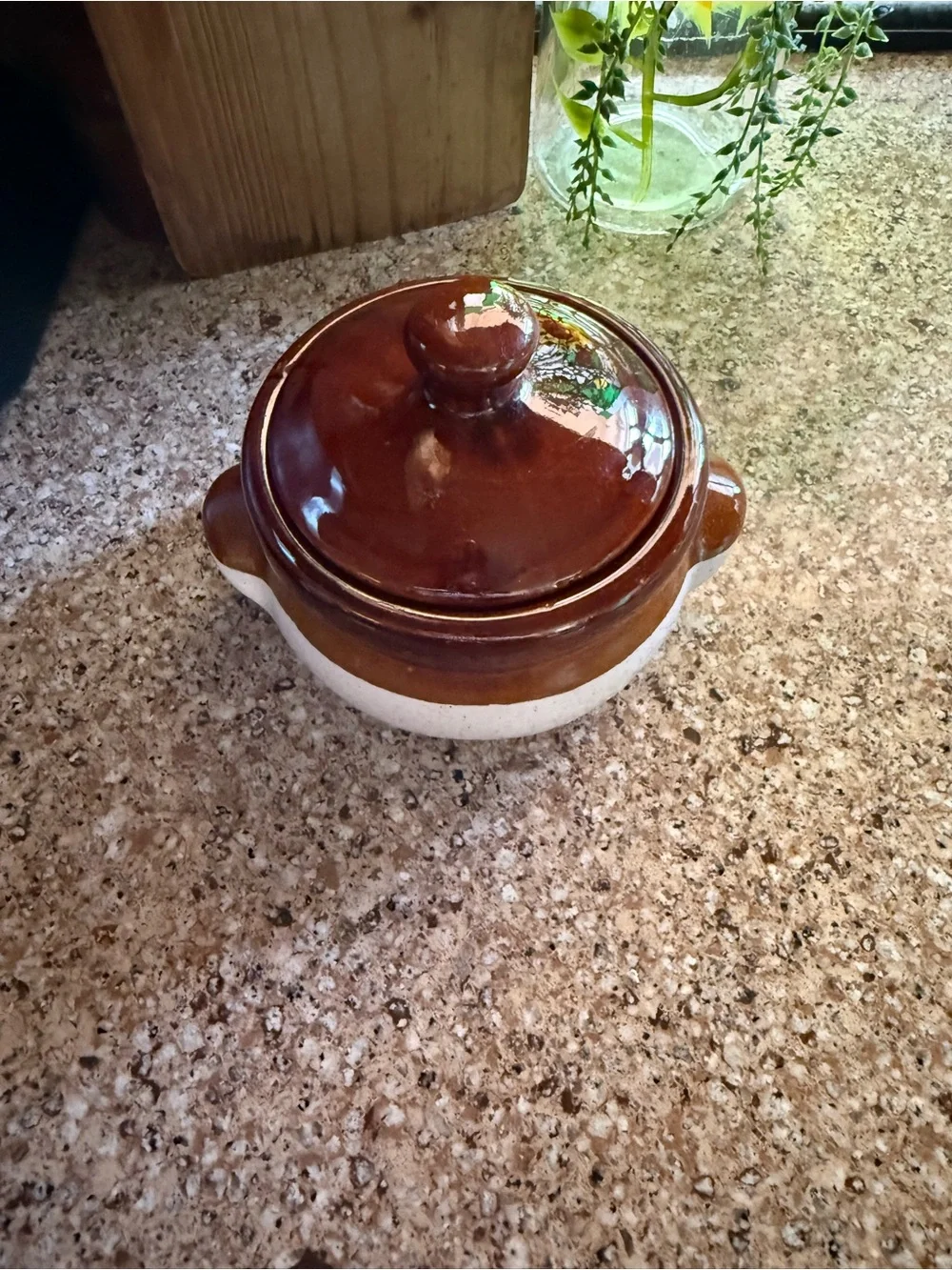 Vintage Brown & Cream Stoneware Lidded Bean Pot Crock