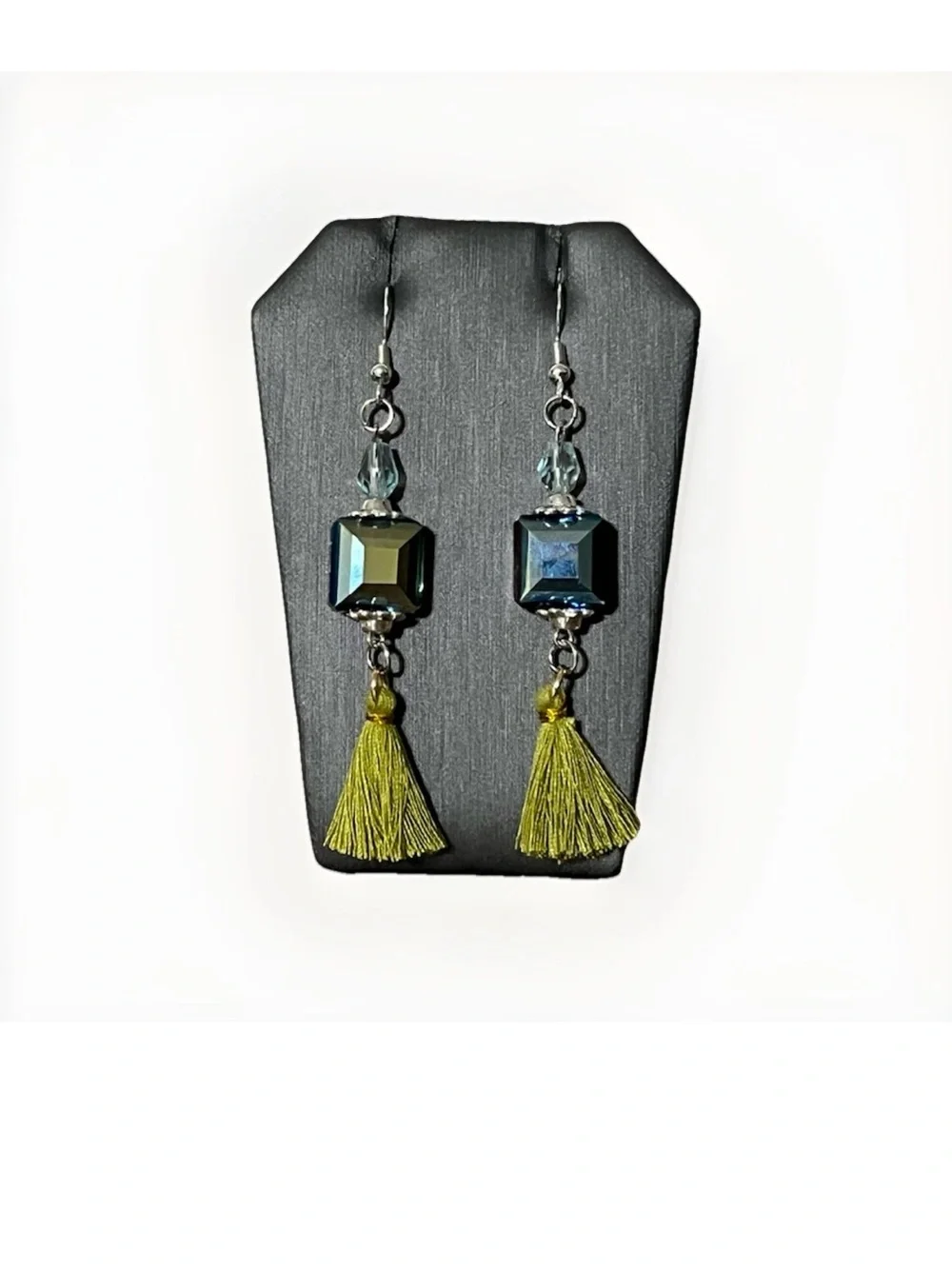 Handcrafted Iridescent Crystal Cube Dangle Earrings Olive Green Tassel Boho