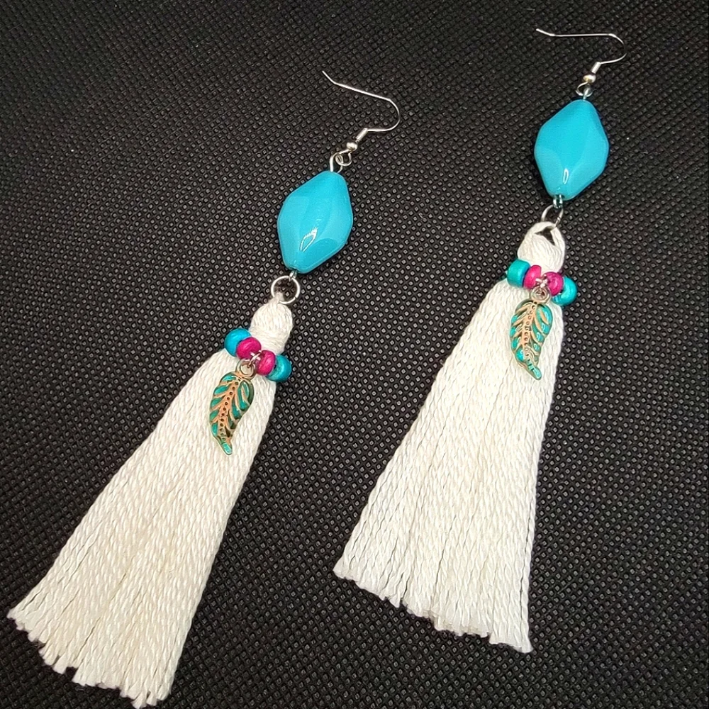 Handmade Tassel Earrings Beaded Turquoise Fuchsia and Feathers boho Hippie