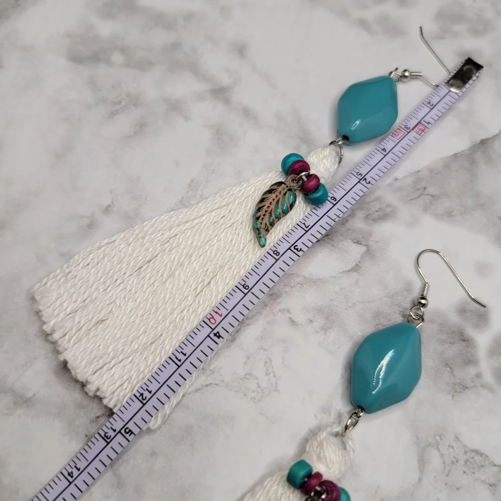 Handmade Tassel Earrings Beaded Turquoise Fuchsia and Feathers boho Hippie