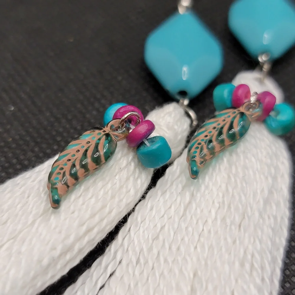 Handmade Tassel Earrings Beaded Turquoise Fuchsia and Feathers boho Hippie
