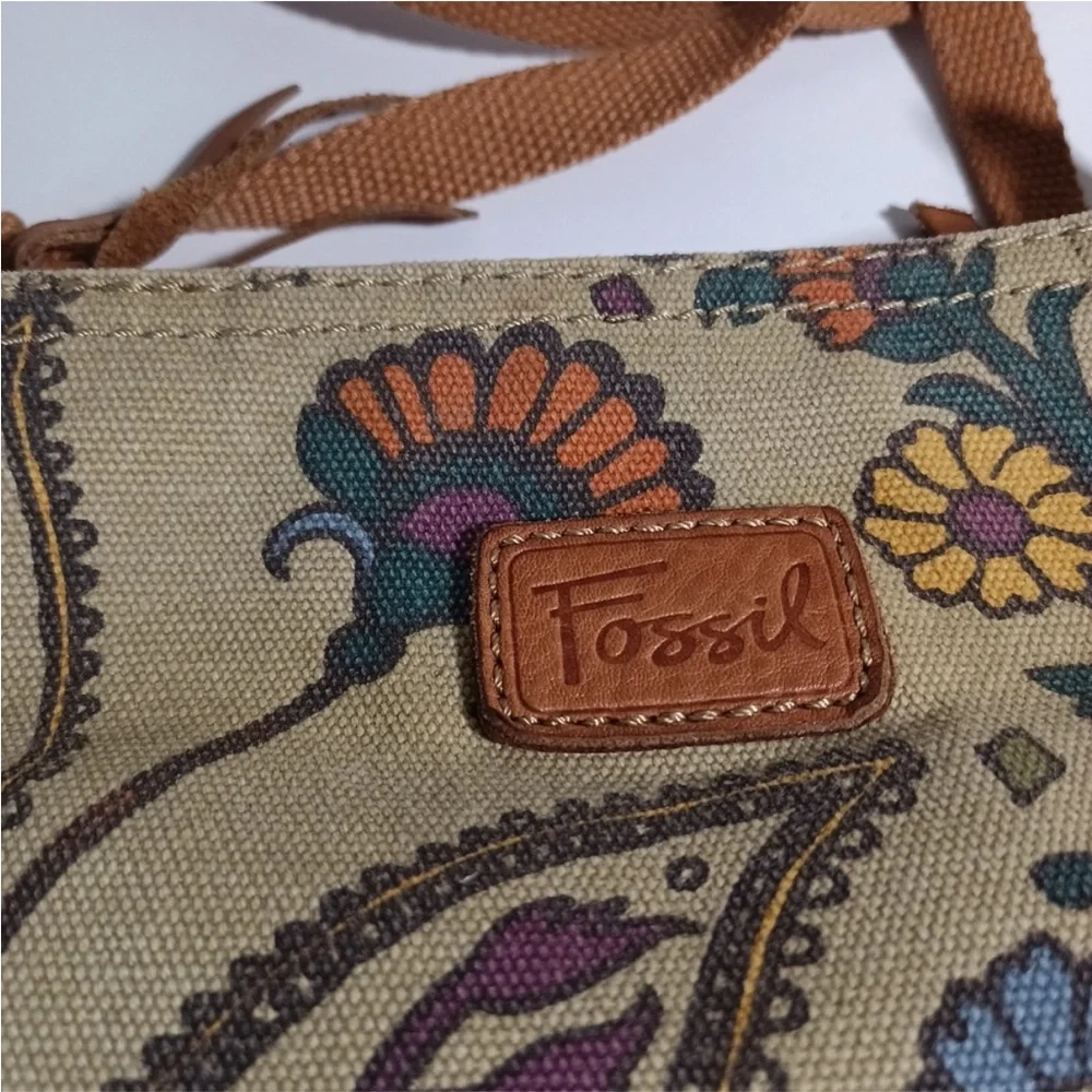 Fossil Vintage Cotton Floral Print Crossbody bag In Tan With Brown Leather Strap