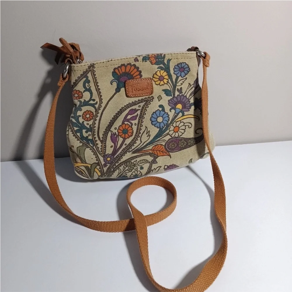 Fossil Vintage Cotton Floral Print Crossbody bag In Tan With Brown Leather Strap