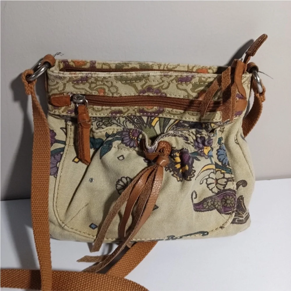 Fossil Vintage Cotton Floral Print Crossbody bag In Tan With Brown Leather Strap