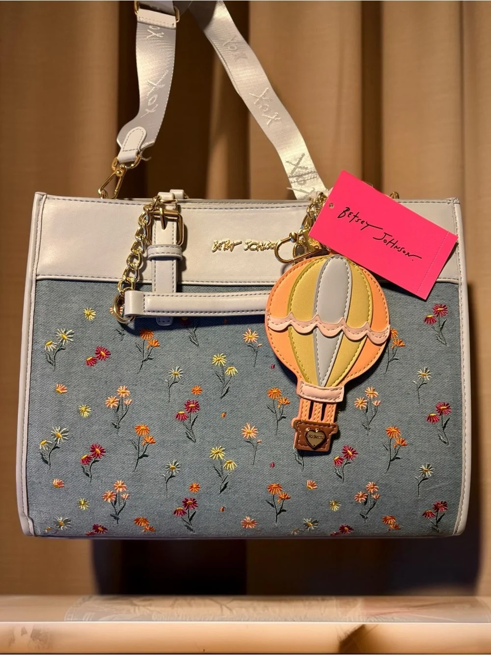 Betsey Johnson Denim Floral Satchel with Pastel Hot Air Balloon Charm NWT 💐