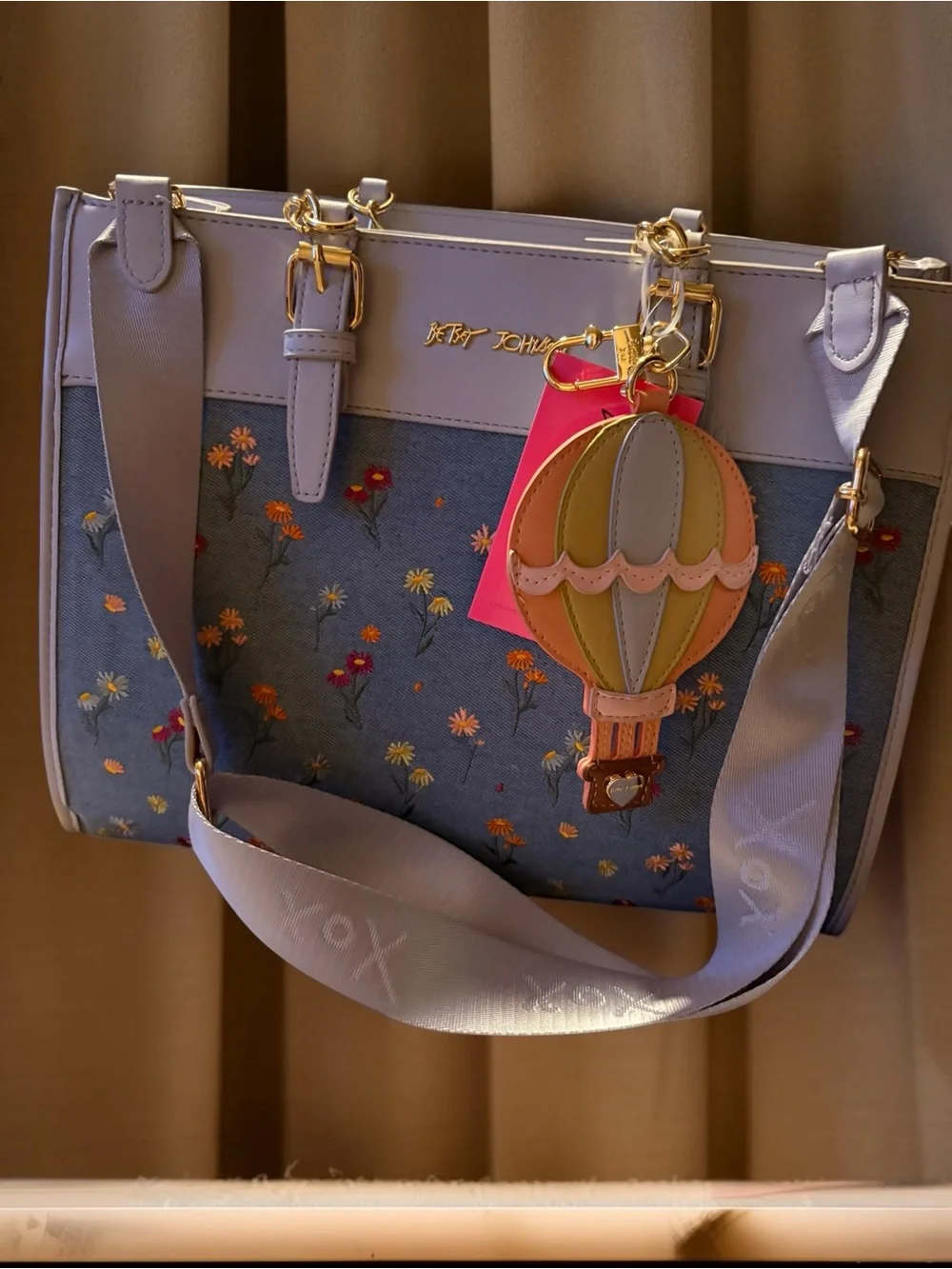 Betsey Johnson Denim Floral Satchel with Pastel Hot Air Balloon Charm NWT 💐