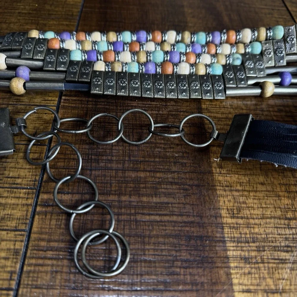 Fashion Chain Link Belt Chunky Wood Multi Colored Beaded Black Leather Adjustabl