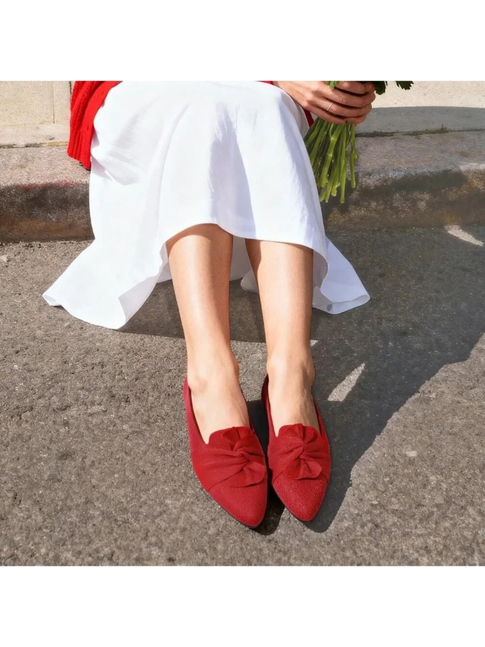 Women's Red Foldable Bow Pointed Toe Ballet Flats Knit Cushioned Comfort Shoes