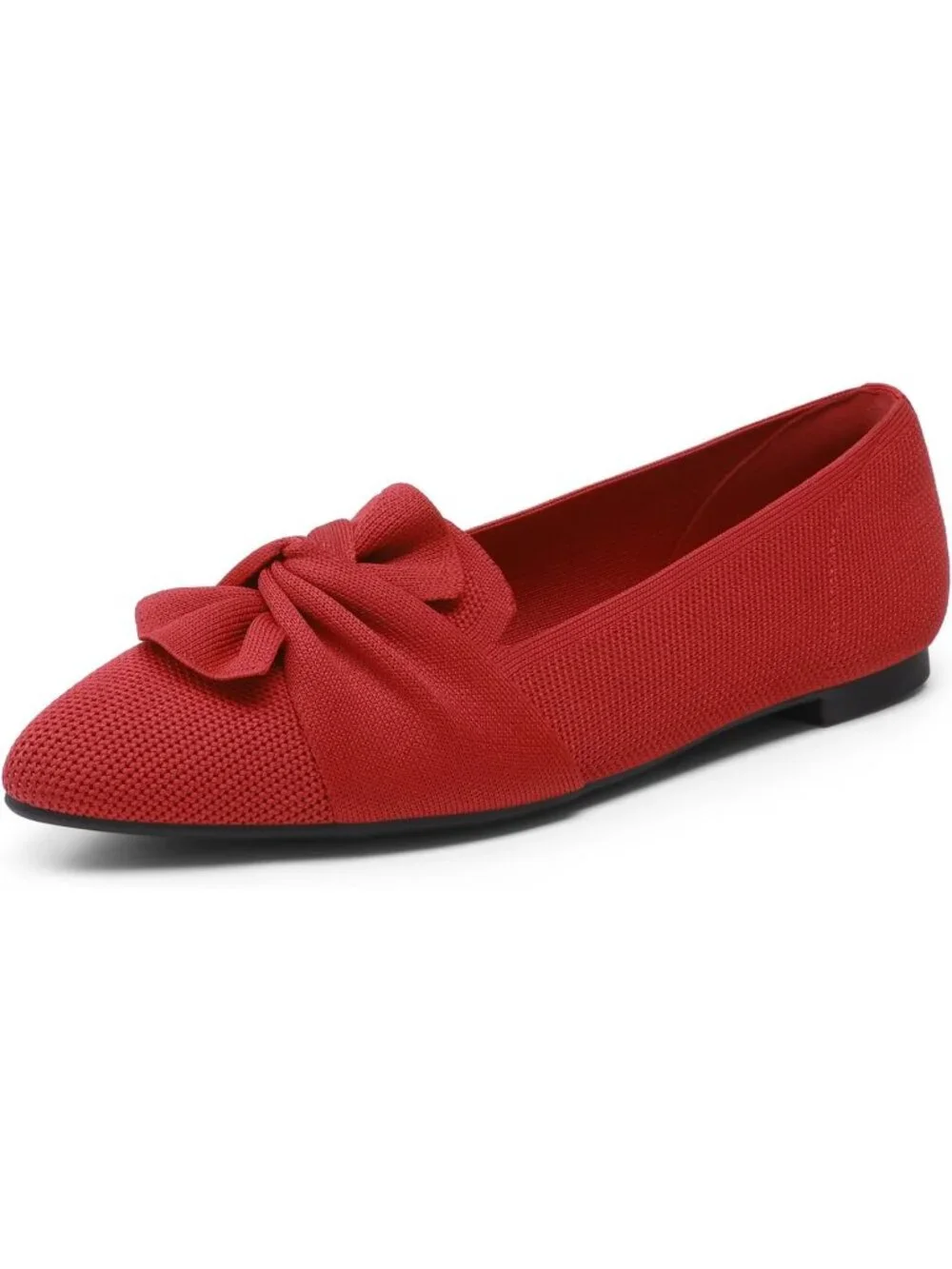 Women's Red Foldable Bow Pointed Toe Ballet Flats Knit Cushioned Comfort Shoes