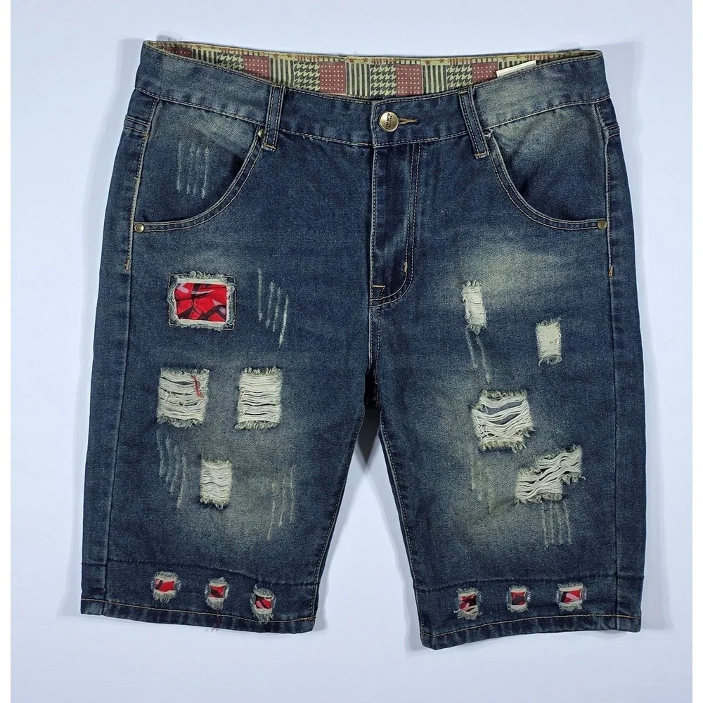 Fashion Jeans Wear Men's Distressed Denim Shorts Blue Red Camo Patchwork Size 34