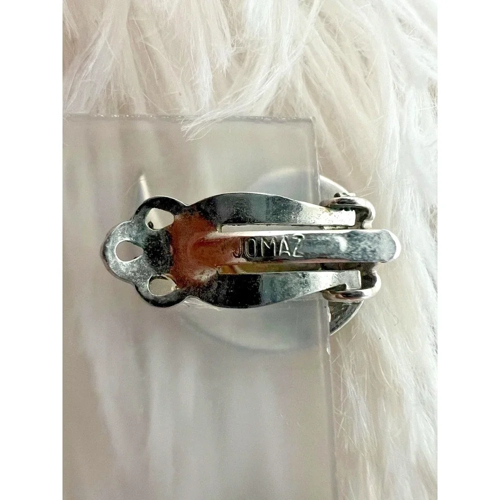 Vintage Jomaz Pearl Rhinestone Crescent Clip Earrings 1940s‎ 1950s Signed Halo
