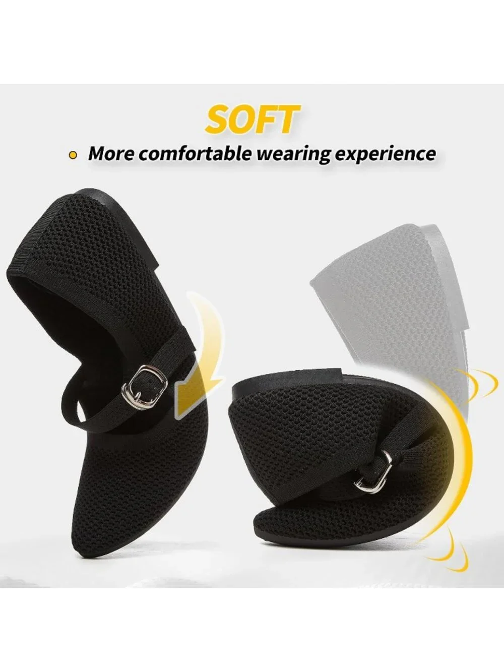 Women's Black Knit Mesh Ballet Flat Foldable With Buckle Strap Comfortable Shoes