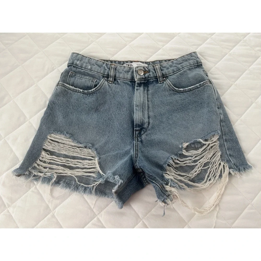 Zara Distressed Denim Shorts‎ High Rise Frayed Cutoff Festival Y2K Summer Size 4