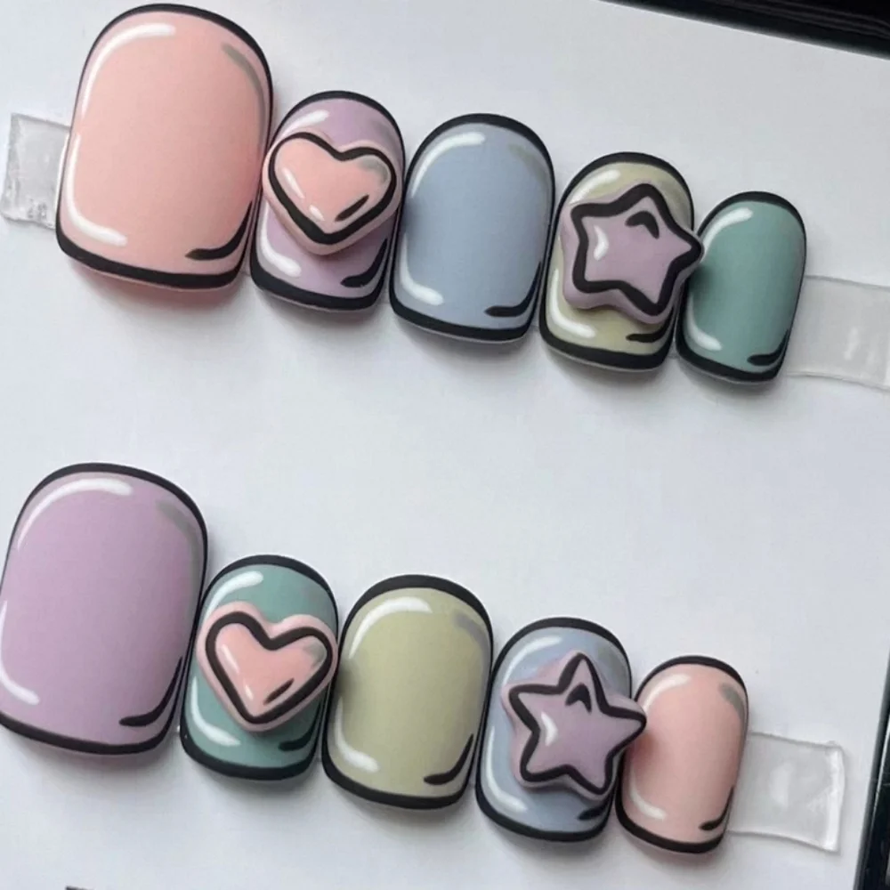 3D Pop Art Cartoon Press On Nails Kawaii Pastel Heart & Star Size Small