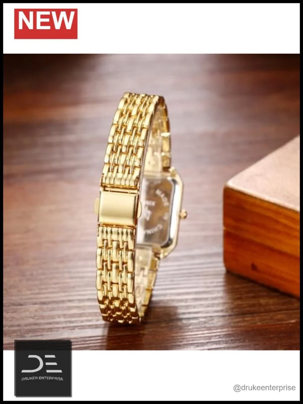 Gold Square Stainless Steel Watch Analog Quartz Elegant Bracelet Wrist Watch