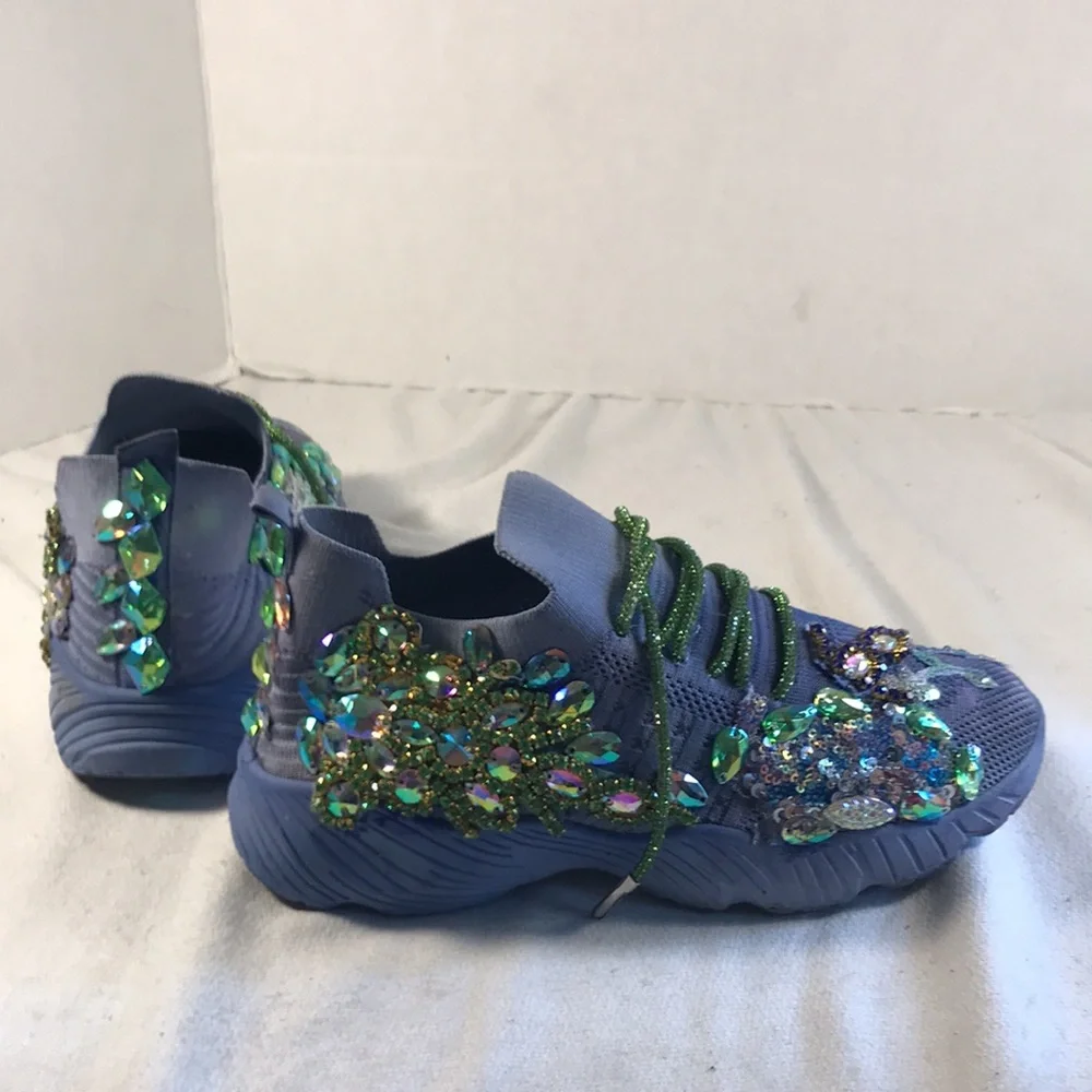 Women’s Rare Wear Customized Bedazzled Periwinkle Blue Pull On Mesh Sneakers
